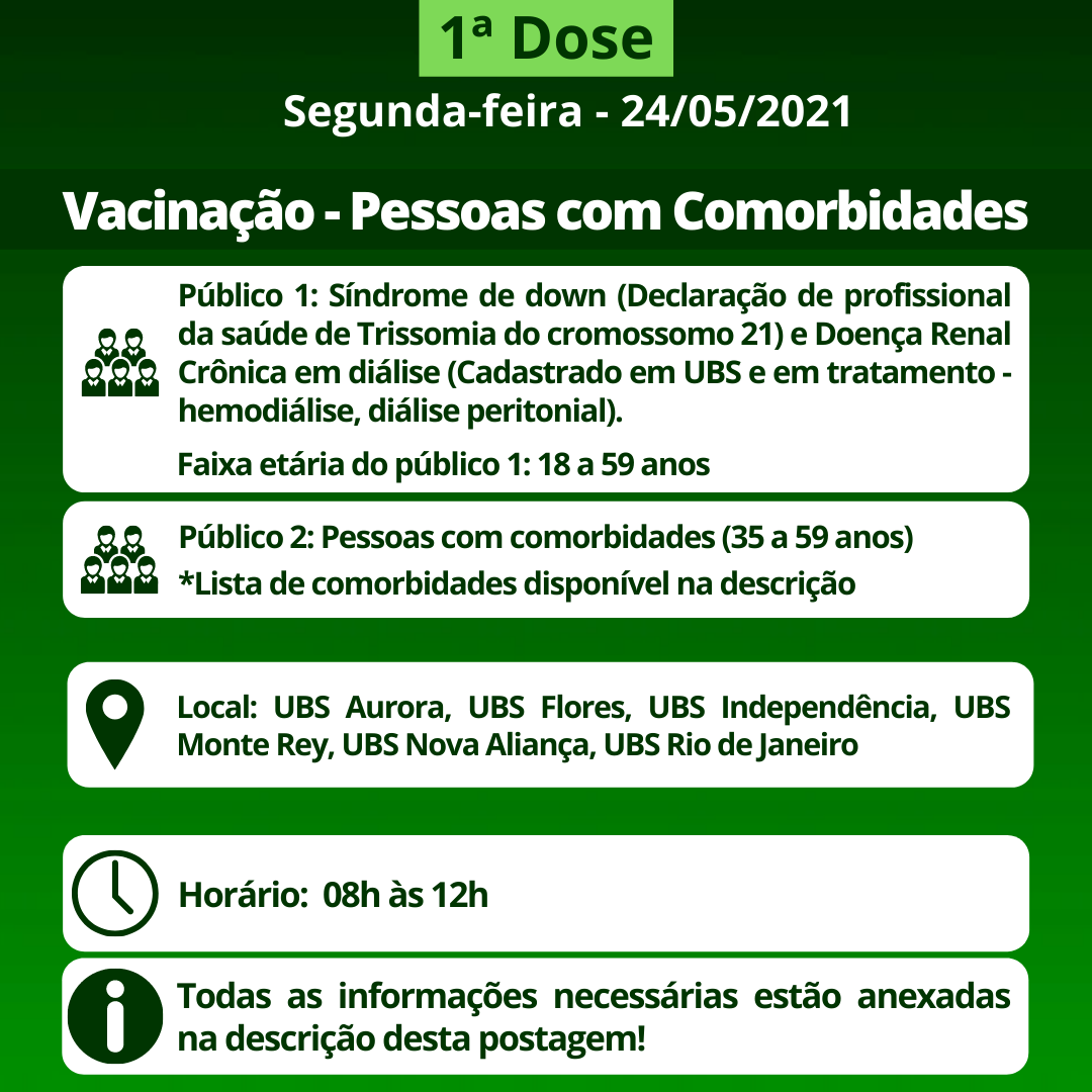 Cronograma de Vacinação contra Covid-19 (Comorbidades) - Segunda-feira - 24/05/2021